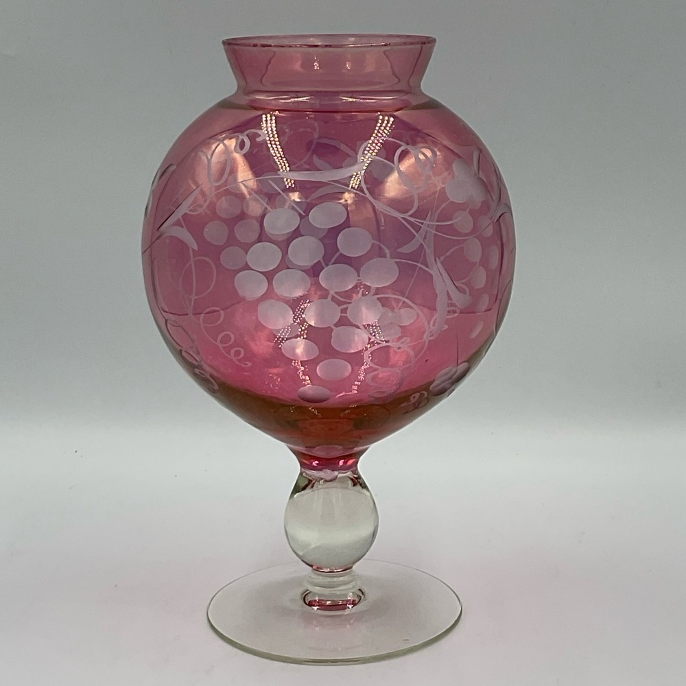 Vintage Cranberry Etched Glass Decorative Pedestal Rose Bowl Vase Cut to Clear